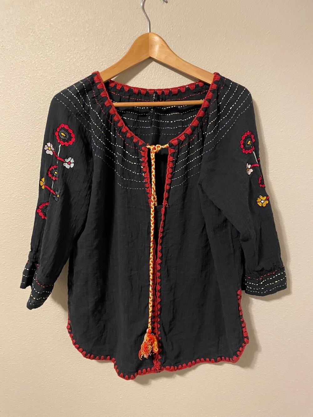Banjara Tunic Top Womens Large Black Embroidered Tassel Cotton Boho Festival